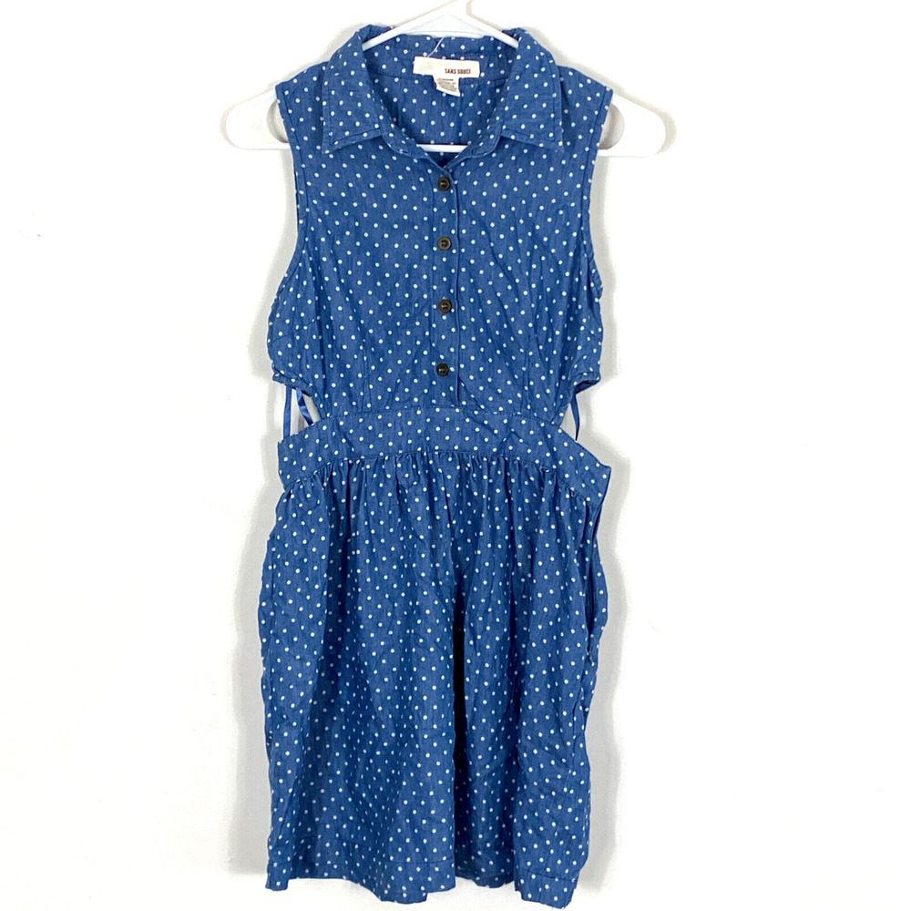 Nordstrom Sans Souci Dress Womens Size Medium Blue Polka Dot Cut Out Chambray